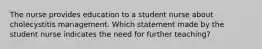 The nurse provides education to a student nurse about cholecystitis management. Which statement made by the student nurse indicates the need for further teaching?