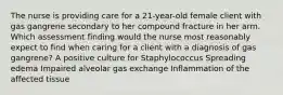 The nurse is providing care for a 21-year-old female client with gas gangrene secondary to her compound fracture in her arm. Which assessment finding would the nurse most reasonably expect to find when caring for a client with a diagnosis of gas gangrene? A positive culture for Staphylococcus Spreading edema Impaired alveolar gas exchange Inflammation of the affected tissue