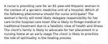 A nurse is providing care for an 81-year-old Hispanic woman in the context of a geriatric medicine unit of a hospital. Which of the following phenomena should the nurse anticipate? The woman's family will most likely delegate responsibility for her care to the hospital care team She is likely to forego medical or traditional treatment due to a fatalistic view of health and illness The client's family is likely to advocate for her placement in a nursing home at an early stage The client is likely to prioritize the role of spirituality in the healing process