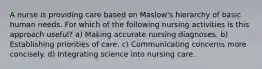 A nurse is providing care based on Maslow's hierarchy of basic human needs. For which of the following nursing activities is this approach useful? a) Making accurate nursing diagnoses. b) Establishing priorities of care. c) Communicating concerns more concisely. d) Integrating science into nursing care.