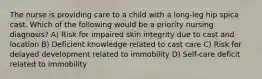 The nurse is providing care to a child with a long-leg hip spica cast. Which of the following would be a priority nursing diagnosis? A) Risk for impaired skin integrity due to cast and location B) Deficient knowledge related to cast care C) Risk for delayed development related to immobility D) Self-care deficit related to immobility