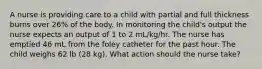 A nurse is providing care to a child with partial and full thickness burns over 26% of the body. In monitoring the child's output the nurse expects an output of 1 to 2 mL/kg/hr. The nurse has emptied 46 mL from the foley catheter for the past hour. The child weighs 62 lb (28 kg). What action should the nurse take?