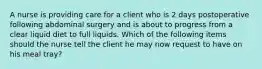 A nurse is providing care for a client who is 2 days postoperative following abdominal surgery and is about to progress from a clear liquid diet to full liquids. Which of the following items should the nurse tell the client he may now request to have on his meal tray?