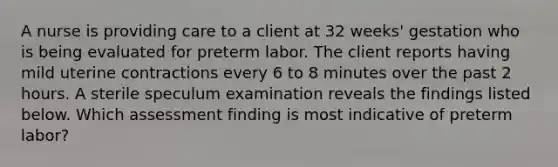 A nurse is providing care to a client at 32 weeks' gestation who is being evaluated for preterm labor. The client reports having mild uterine contractions every 6 to 8 minutes over the past 2 hours. A sterile speculum examination reveals the findings listed below. Which assessment finding is most indicative of preterm labor?