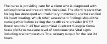 The nurse is providing care for a client who is diagnosed with schizophrenia and treated with clozapine. The client reports that his leg has developed an involuntary movement and he can feel his heart beating. Which other assessment findings should the nurse gather before calling the health care provider (HCP)? Bowel sounds in all four abdominal quadrant Glasgow Coma Scale (GCS) to measure level of consciousness Vital signs including oral temperature Total urinary output for the last 24 hours