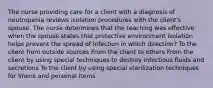 The nurse providing care for a client with a diagnosis of neutropenia reviews isolation procedures with the client's spouse. The nurse determines that the teaching was effective when the spouse states that protective environment isolation helps prevent the spread of infection in which direction? To the client from outside sources From the client to others From the client by using special techniques to destroy infectious fluids and secretions To the client by using special sterilization techniques for linens and personal items