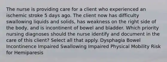 The nurse is providing care for a client who experienced an ischemic stroke 5 days ago. The client now has difficulty swallowing liquids and solids, has weakness on the right side of the body, and is incontinent of bowel and bladder. Which priority nursing diagnoses should the nurse identify and document in the care of this client? Select all that apply. Dysphagia Bowel Incontinence Impaired Swallowing Impaired Physical Mobility Risk for Hemiparesis