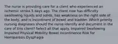 The nurse is providing care for a client who experienced an ischemic stroke 5 days ago. The client now has difficulty swallowing liquids and solids, has weakness on the right side of the body, and is incontinent of bowel and bladder. Which priority nursing diagnoses should the nurse identify and document in the care of this client? Select all that apply. Impaired Swallowing Impaired Physical Mobility Bowel Incontinence Risk for Hemiparesis Dysphagia