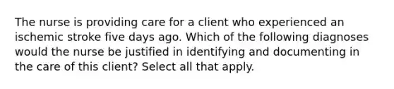 The nurse is providing care for a client who experienced an ischemic stroke five days ago. Which of the following diagnoses would the nurse be justified in identifying and documenting in the care of this client? Select all that apply.