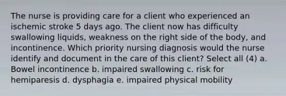 The nurse is providing care for a client who experienced an ischemic stroke 5 days ago. The client now has difficulty swallowing liquids, weakness on the right side of the body, and incontinence. Which priority nursing diagnosis would the nurse identify and document in the care of this client? Select all (4) a. Bowel incontinence b. impaired swallowing c. risk for hemiparesis d. dysphagia e. impaired physical mobility