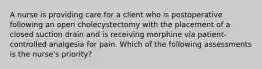 A nurse is providing care for a client who is postoperative following an open cholecystectomy with the placement of a closed suction drain and is receiving morphine via patient-controlled analgesia for pain. Which of the following assessments is the nurse's priority?