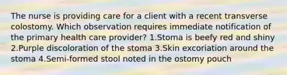 The nurse is providing care for a client with a recent transverse colostomy. Which observation requires immediate notification of the primary health care provider? 1.Stoma is beefy red and shiny 2.Purple discoloration of the stoma 3.Skin excoriation around the stoma 4.Semi-formed stool noted in the ostomy pouch