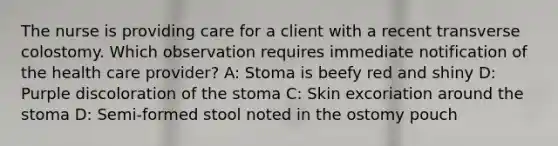 The nurse is providing care for a client with a recent transverse colostomy. Which observation requires immediate notification of the health care provider? A: Stoma is beefy red and shiny D: Purple discoloration of the stoma C: Skin excoriation around the stoma D: Semi-formed stool noted in the ostomy pouch