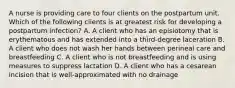 A nurse is providing care to four clients on the postpartum unit. Which of the following clients is at greatest risk for developing a postpartum infection? A. A client who has an episiotomy that is erythematous and has extended into a third‑degree laceration B. A client who does not wash her hands between perineal care and breastfeeding C. A client who is not breastfeeding and is using measures to suppress lactation D. A client who has a cesarean incision that is well‑approximated with no drainage