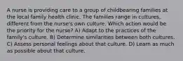 A nurse is providing care to a group of childbearing families at the local family health clinic. The families range in cultures, different from the nurse's own culture. Which action would be the priority for the nurse? A) Adapt to the practices of the family's culture. B) Determine similarities between both cultures. C) Assess personal feelings about that culture. D) Learn as much as possible about that culture.