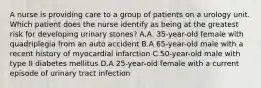 A nurse is providing care to a group of patients on a urology unit. Which patient does the nurse identify as being at the greatest risk for developing urinary stones? A.A. 35-year-old female with quadriplegia from an auto accident B.A 65-year-old male with a recent history of myocardial infarction C.50-year-old male with type II diabetes mellitus D.A 25-year-old female with a current episode of urinary tract infection