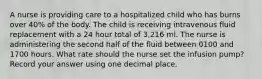 A nurse is providing care to a hospitalized child who has burns over 40% of the body. The child is receiving intravenous fluid replacement with a 24 hour total of 3,216 ml. The nurse is administering the second half of the fluid between 0100 and 1700 hours. What rate should the nurse set the infusion pump? Record your answer using one decimal place.