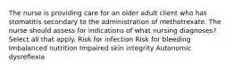 The nurse is providing care for an older adult client who has stomatitis secondary to the administration of methotrexate. The nurse should assess for indications of what nursing diagnoses? Select all that apply. Risk for infection Risk for bleeding Imbalanced nutrition Impaired skin integrity Autonomic dysreflexia