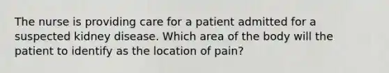 The nurse is providing care for a patient admitted for a suspected kidney disease. Which area of the body will the patient to identify as the location of pain?