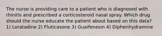 The nurse is providing care to a patient who is diagnosed with rhinitis and prescribed a corticosteroid nasal spray. Which drug should the nurse educate the patient about based on this data? 1) Loratadine 2) Fluticasone 3) Guaifenesin 4) Diphenhydramine