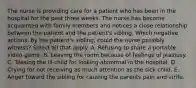 The nurse is providing care for a patient who has been in the hospital for the past three weeks. The nurse has become acquainted with family members and notices a close relationship between the patient and the patient's sibling. Which negative actions, by the patient's sibling, could the nurse possibly witness? Select all that apply. A. Refusing to share a portable video game. B. Leaving the room because of feelings of jealousy. C. Teasing the ill child for looking abnormal in the hospital. D. Crying for not receiving as much attention as the sick child. E. Anger toward the sibling for causing the parents pain and strife.