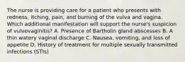 The nurse is providing care for a patient who presents with redness, itching, pain, and burning of the vulva and vagina. Which additional manifestation will support the nurse's suspicion of vulvovaginitis? A. Presence of Bartholin gland abscesses B. A thin watery vaginal discharge C. Nausea, vomiting, and loss of appetite D. History of treatment for multiple sexually transmitted infections (STIs)