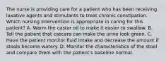 The nurse is providing care for a patient who has been receiving laxative agents and stimulants to treat chronic constipation. Which nursing intervention is appropriate in caring for this patient? A. Warm the castor oil to make it easier to swallow. B. Tell the patient that cascara can make the urine look green. C. Have the patient monitor fluid intake and decrease the amount if stools become watery. D. Monitor the characteristics of the stool and compare them with the patient's baseline normal.