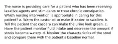 The nurse is providing care for a patient who has been receiving laxative agents and stimulants to treat chronic constipation. Which nursing intervention is appropriate in caring for this patient? a. Warm the castor oil to make it easier to swallow. b. Tell the patient that cascara can make the urine look green. c. Have the patient monitor fluid intake and decrease the amount if stools become watery. d. Monitor the characteristics of the stool and compare them with the patient's baseline normal.