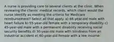 A nurse is providing care to several clients at the clinic. When reviewing the clients' medical records, which client would the nurse identify as meeting the criteria for Medicare reimbursement? Select all that apply. a) 66-year-old male with heart failure b) 55-year-old female with a temporary disability c) 45-year-old male with a permanent disability receiving social security benefits d) 30-year-old male with blindness from an industrial accident e) 60-year-old female with a low income