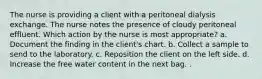 The nurse is providing a client with a peritoneal dialysis exchange. The nurse notes the presence of cloudy peritoneal effluent. Which action by the nurse is most appropriate? a. Document the finding in the client's chart. b. Collect a sample to send to the laboratory. c. Reposition the client on the left side. d. Increase the free water content in the next bag. .