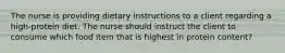 The nurse is providing dietary instructions to a client regarding a high-protein diet. The nurse should instruct the client to consume which food item that is highest in protein content?