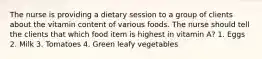 The nurse is providing a dietary session to a group of clients about the vitamin content of various foods. The nurse should tell the clients that which food item is highest in vitamin A? 1. Eggs 2. Milk 3. Tomatoes 4. Green leafy vegetables