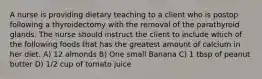 A nurse is providing dietary teaching to a client who is postop following a thyroidectomy with the removal of the parathyroid glands. The nurse should instruct the client to include which of the following foods that has the greatest amount of calcium in her diet. A) 12 almonds B) One small Banana C) 1 tbsp of peanut butter D) 1/2 cup of tomato juice