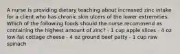 A nurse is providing dietary teaching about increased zinc intake for a client who has chronic skin ulcers of the lower extremities. Which of the following foods should the nurse recommend as containing the highest amount of zinc? - 1 cup apple slices - 4 oz low-fat cottage cheese - 4 oz ground beef patty - 1 cup raw spinach