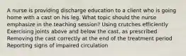 A nurse is providing discharge education to a client who is going home with a cast on his leg. What topic should the nurse emphasize in the teaching session? Using crutches efficiently Exercising joints above and below the cast, as prescribed Removing the cast correctly at the end of the treatment period Reporting signs of impaired circulation