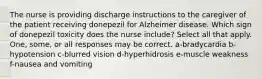 The nurse is providing discharge instructions to the caregiver of the patient receiving donepezil for Alzheimer disease. Which sign of donepezil toxicity does the nurse include? Select all that apply. One, some, or all responses may be correct. a-bradycardia b-hypotension c-blurred vision d-hyperhidrosis e-muscle weakness f-nausea and vomiting