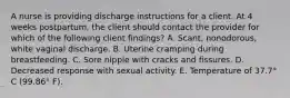 A nurse is providing discharge instructions for a client. At 4 weeks postpartum, the client should contact the provider for which of the following client findings? ﻿﻿﻿A. Scant, nonodorous, white vaginal discharge. ﻿﻿﻿B. Uterine cramping during breastfeeding. ﻿﻿﻿C. Sore nipple with cracks and fissures. ﻿﻿﻿D. Decreased response with sexual activity. ﻿﻿﻿E. Temperature of 37.7° C (99.86° F).