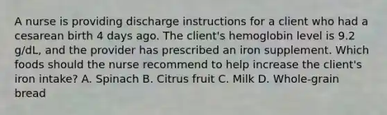 A nurse is providing discharge instructions for a client who had a cesarean birth 4 days ago. The client's hemoglobin level is 9.2 g/dL, and the provider has prescribed an iron supplement. Which foods should the nurse recommend to help increase the client's iron intake? A. Spinach B. Citrus fruit C. Milk D. Whole-grain bread