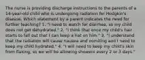 The nurse is providing discharge instructions to the parents of a 14-year-old child who is undergoing radiation for Hodgkin's disease. Which statement by a parent indicates the need for further teaching? 1. "I need to watch for diarrhea, so my child does not get dehydrated." 2. "I think that once my child's hair starts to fall out that I can keep a hat on him." 3. "I understand that the radiation will cause nausea and vomiting and I need to keep my child hydrated." 4. "I will need to keep my child's skin from flaking, so we will be allowing showers every 2 or 3 days."