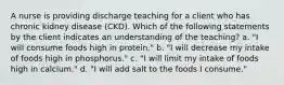 A nurse is providing discharge teaching for a client who has chronic kidney disease (CKD). Which of the following statements by the client indicates an understanding of the teaching? a. "I will consume foods high in protein." b. "I will decrease my intake of foods high in phosphorus." c. "I will limit my intake of foods high in calcium." d. "I will add salt to the foods I consume."