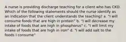 A nurse is providing discharge teaching for a client who has CKD. Which of the following statements should the nurse identify as an indication that the client understands the teaching? a. "I will consume foods that are high in protein" b. "I will decrease my intake of foods that are high in phosphorus" c. "I will limit my intake of foods that are high in iron" d. "I will add salt to the foods I consume"