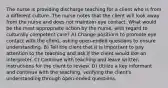 The nurse is providing discharge teaching for a client who is from a different culture. The nurse notes that the client will look away from the nurse and does not maintain eye contact. What would be the most appropriate action by the nurse, with regard to culturally competent care? A) Change positions to promote eye contact with the client, asking open-ended questions to ensure understanding. B) Tell the client that it is important to pay attention to the teaching and ask if the client would like an interpreter. C) Continue with teaching and leave written instructions for the client to review. D) Utilize a key informant and continue with the teaching, verifying the client's understanding through open-ended questions.