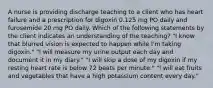 A nurse is providing discharge teaching to a client who has heart failure and a prescription for digoxin 0.125 mg PO daily and furosemide 20 mg PO daily. Which of the following statements by the client indicates an understanding of the teaching? "I know that blurred vision is expected to happen while I'm taking digoxin." "I will measure my urine output each day and document it in my diary." "I will skip a dose of my digoxin if my resting heart rate is below 72 beats per minute." "I will eat fruits and vegetables that have a high potassium content every day."