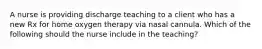 A nurse is providing discharge teaching to a client who has a new Rx for home oxygen therapy via nasal cannula. Which of the following should the nurse include in the teaching?