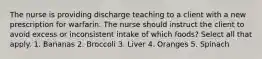 The nurse is providing discharge teaching to a client with a new prescription for warfarin. The nurse should instruct the client to avoid excess or inconsistent intake of which foods? Select all that apply. 1. Bananas 2. Broccoli 3. Liver 4. Oranges 5. Spinach