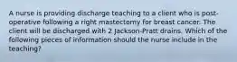 A nurse is providing discharge teaching to a client who is post-operative following a right mastectomy for breast cancer. The client will be discharged with 2 Jackson-Pratt drains. Which of the following pieces of information should the nurse include in the teaching?