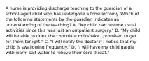 A nurse is providing discharge teaching to the guardian of a school-aged child who has undergone a tonsillectomy. Which of the following statements by the guardian indicates an understanding of the teaching? A. "My child can resume usual activities since this was just an outpatient surgery." B. "My child will be able to drink the chocolate milkshake I promised to get for them tonight." C. "I will notify the doctor if I notice that my child is swallowing frequently." D. "I will have my child gargle with warm salt water to relieve their sore throat."