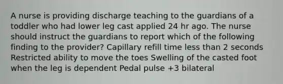 A nurse is providing discharge teaching to the guardians of a toddler who had lower leg cast applied 24 hr ago. The nurse should instruct the guardians to report which of the following finding to the provider? Capillary refill time less than 2 seconds Restricted ability to move the toes Swelling of the casted foot when the leg is dependent Pedal pulse +3 bilateral