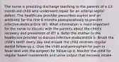 The nurse is providing discharge teaching to the parents of a 13-month-old child who underwent repair for an arterial septal defect. The healthcare provider prescribes aspirin and an antibiotic for the first 6 months postoperatively to prevent infective endocarditis (IE). What information is most important for the nurse to discuss with the parents about the child's recovery and prevention of IE? a. Refer the mother to the healthcare provider to discuss infective endocarditis b. Brush the child's teeth every day and ensure the child receives regular dental follow-up c. Give the child acetaminophen for pain or fever and visit the surgeon for follow-up d. Monitor the child for regular bowel movements and urine output that exceeds intake