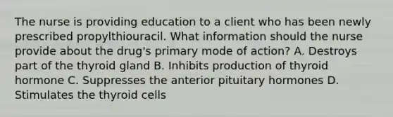 The nurse is providing education to a client who has been newly prescribed propylthiouracil. What information should the nurse provide about the drug's primary mode of action? A. Destroys part of the thyroid gland B. Inhibits production of thyroid hormone C. Suppresses the anterior pituitary hormones D. Stimulates the thyroid cells